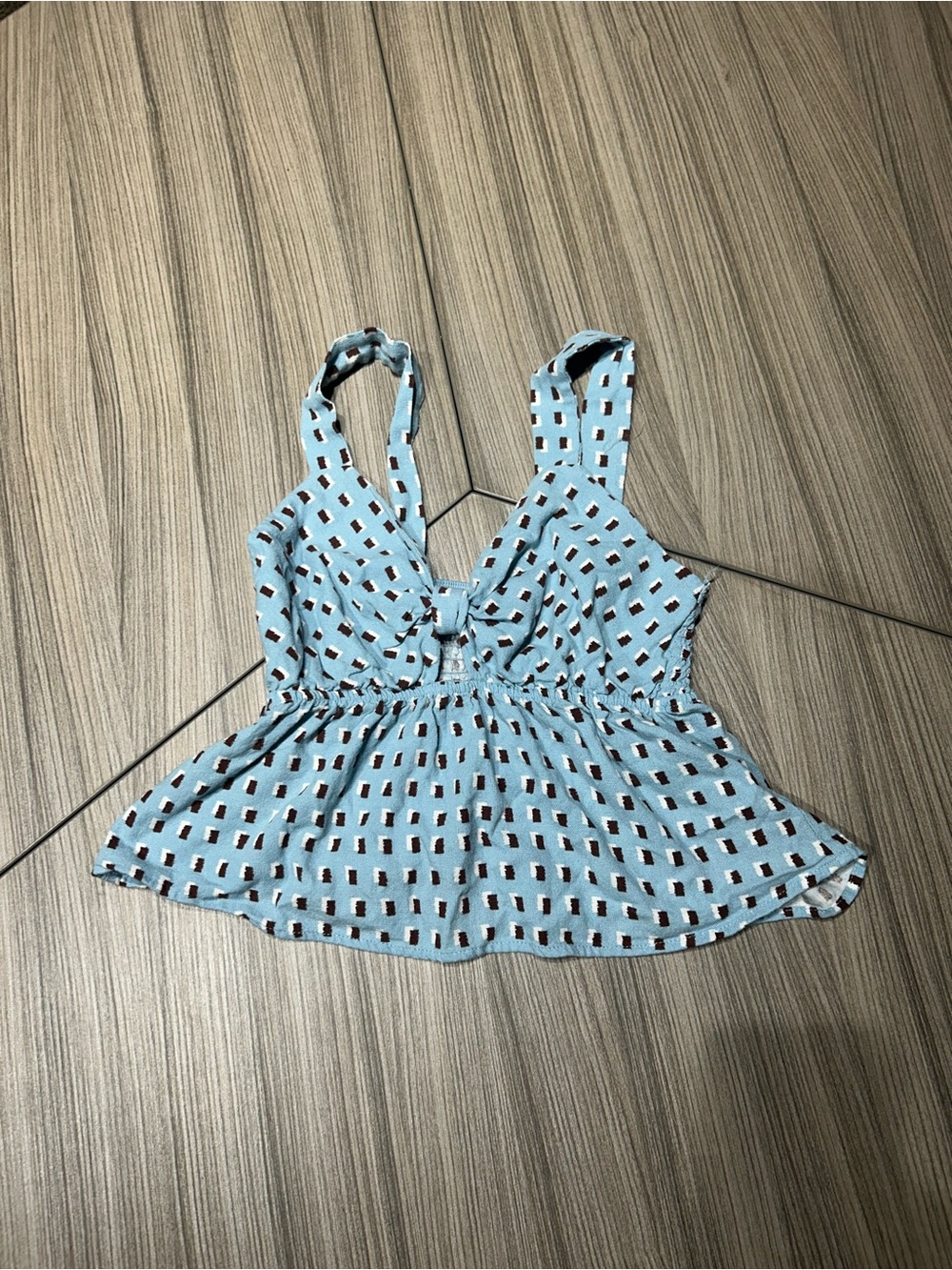 Light Blue Printed Tie-Front Peplum Tank Top - Unbranded